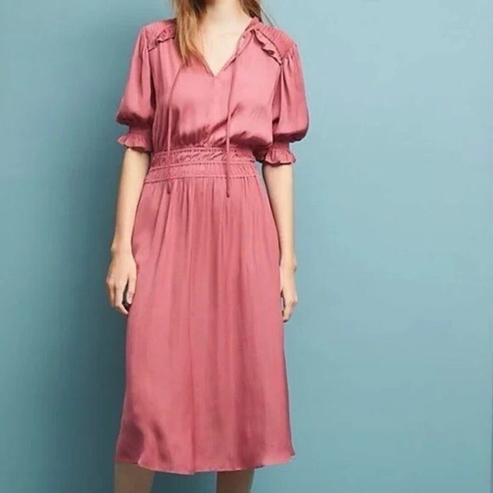 Current Air Los Angeles Anthropologie Midi Dress Ruffles Smocking Small Pink